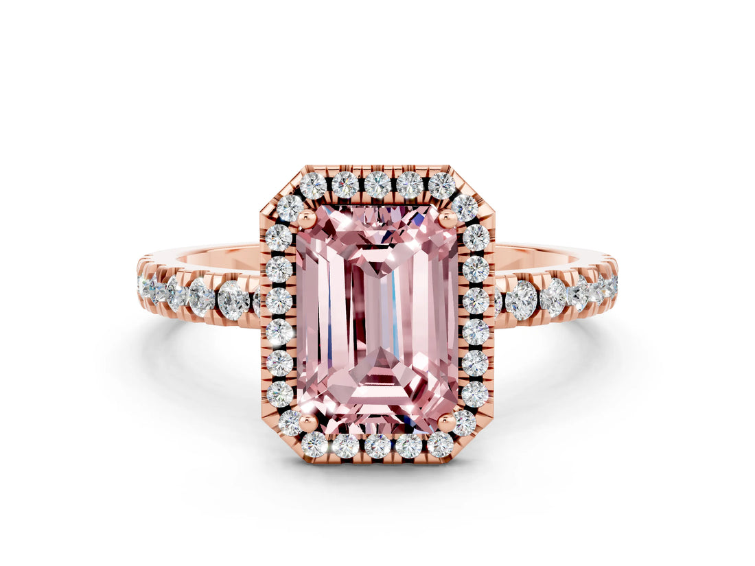 Rose gold Emerald Cut Halo Diamond Pave Band with Prong Setting