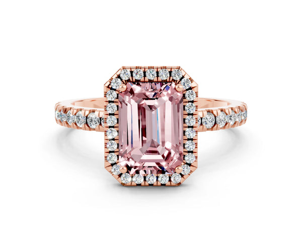Rose gold Emerald Cut Halo Diamond Pave Band with Prong Setting