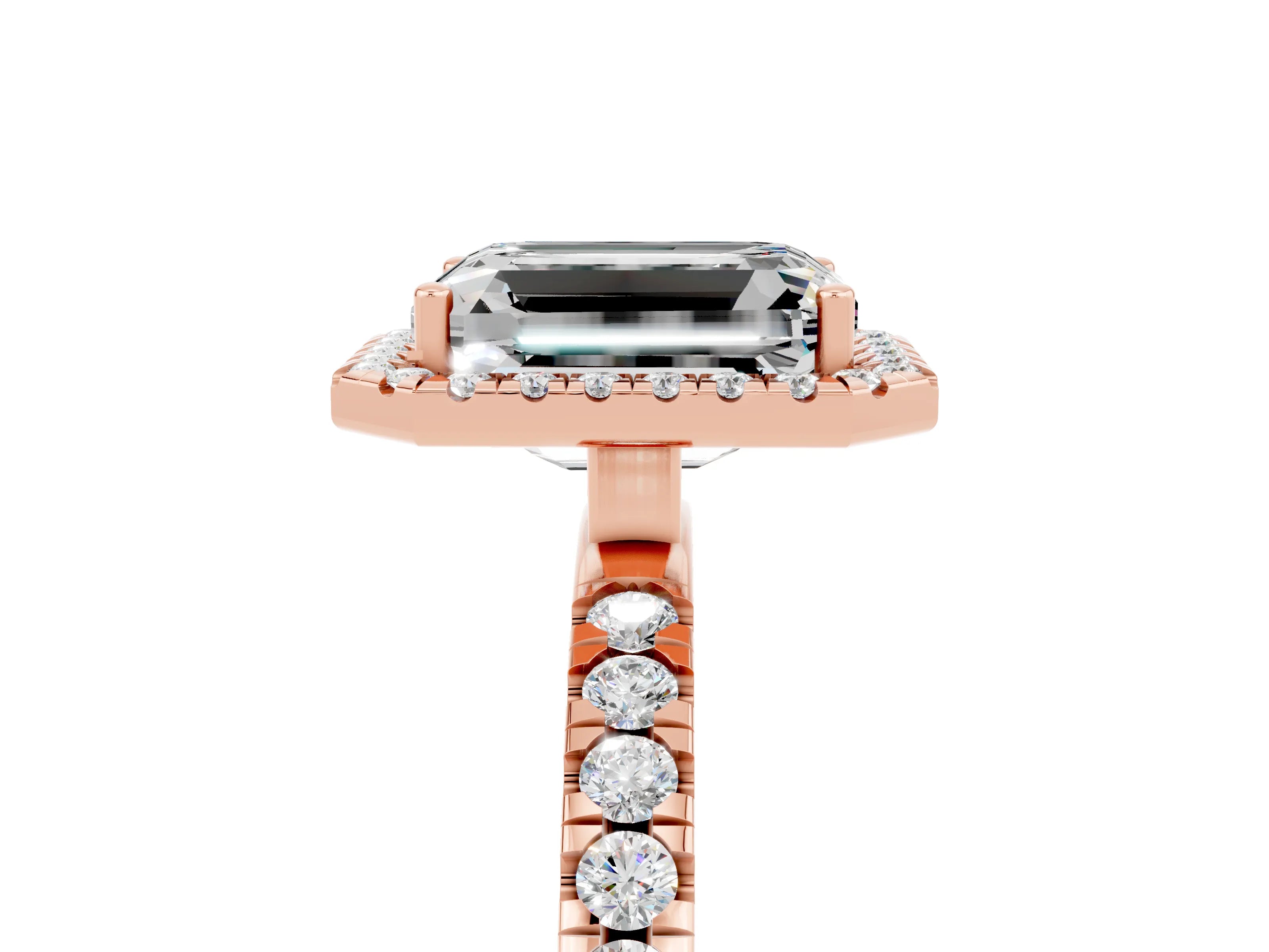 Rose gold Emerald Cut Halo Diamond Pave Band with Prong Setting_5