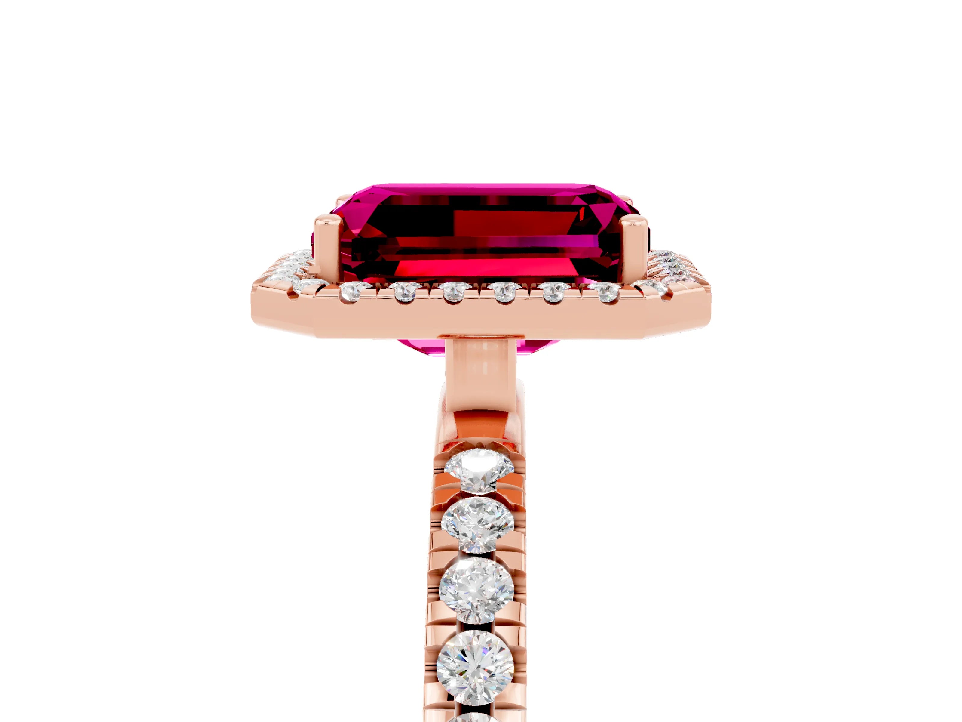 Rose gold Emerald Cut Halo Diamond Pave Band with Prong Setting_5