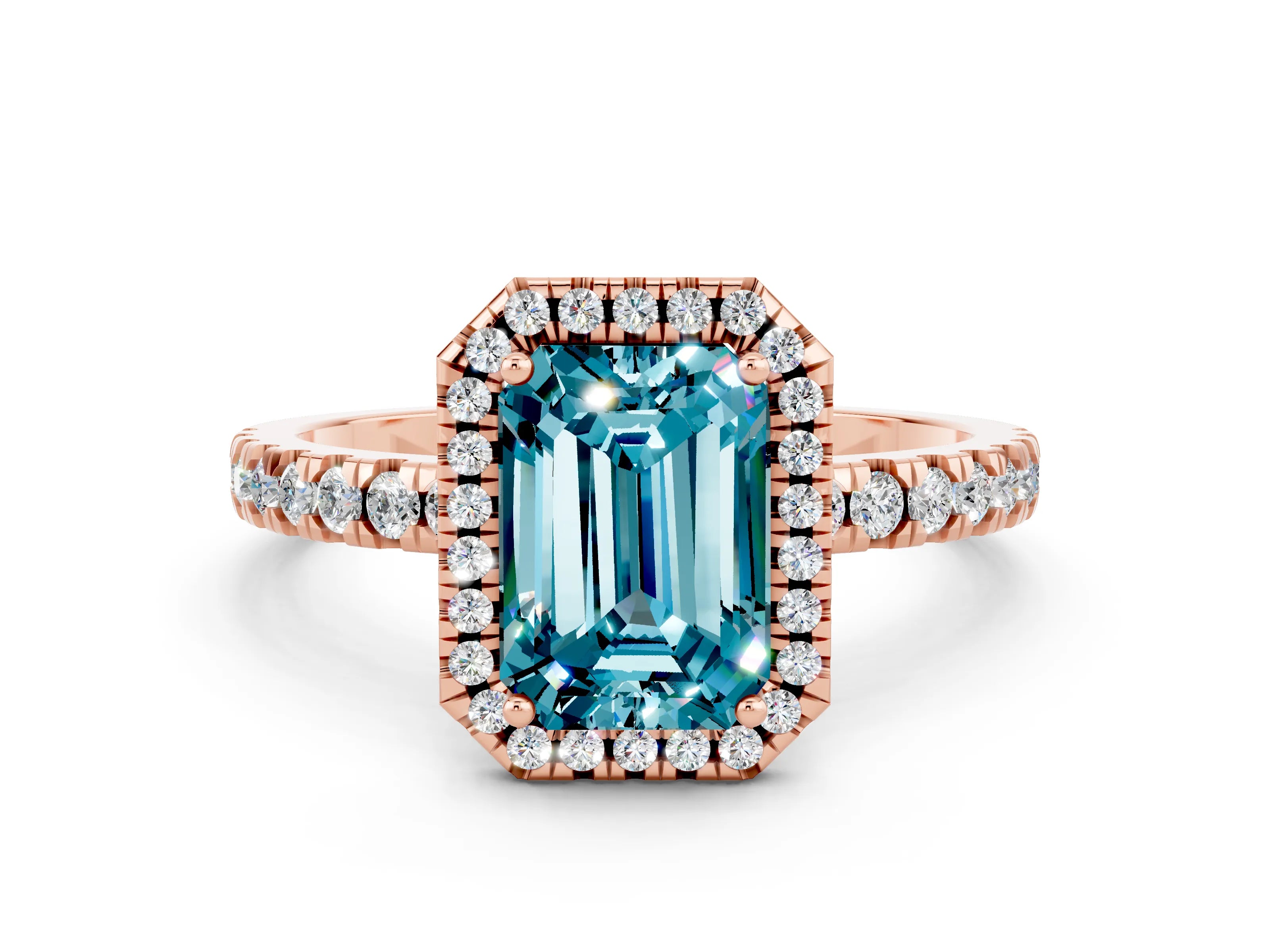Rose gold Emerald Cut Halo Diamond Pave Band with Prong Setting