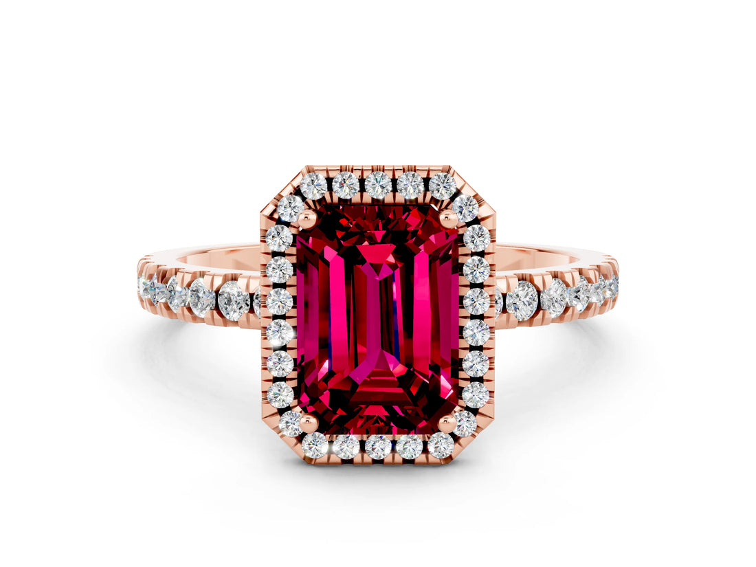 Rose gold Emerald Cut Halo Diamond Pave Band with Prong Setting