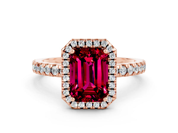 Rose gold Emerald Cut Garnet Classic Halo Engagement Ring with Round Pavé Band and Prong Setting