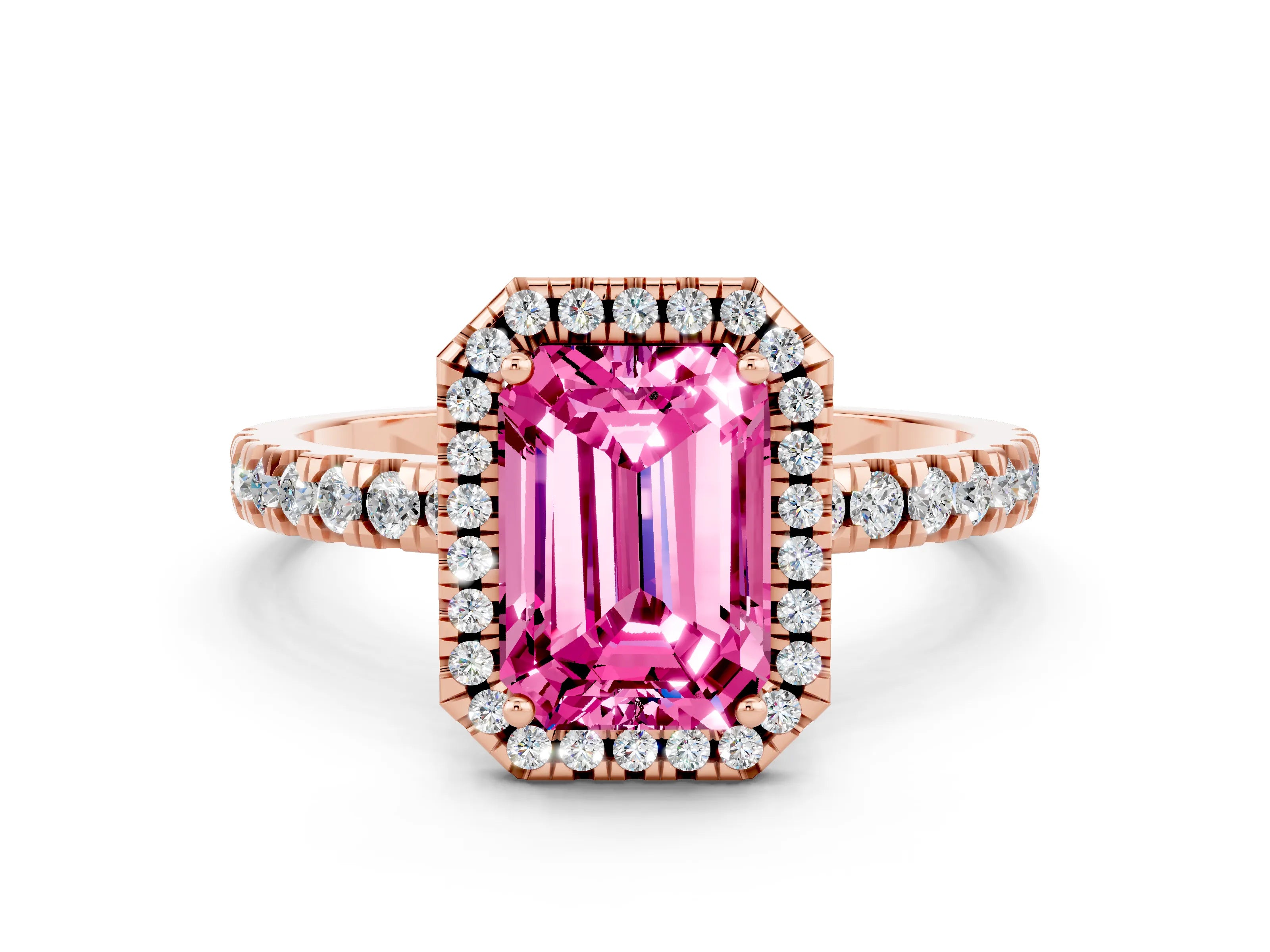Rose gold Emerald Cut Halo Diamond Pave Band with Prong Setting