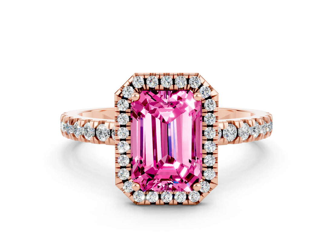Rose gold Emerald Cut Halo Diamond Pave Band with Prong Setting