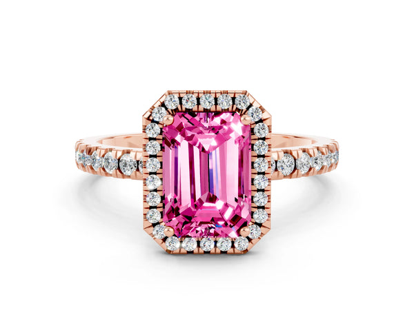 Rose gold Emerald Cut Pink Sapphire Classic Halo Engagement Ring with Round Pavé Band and Prong Setting