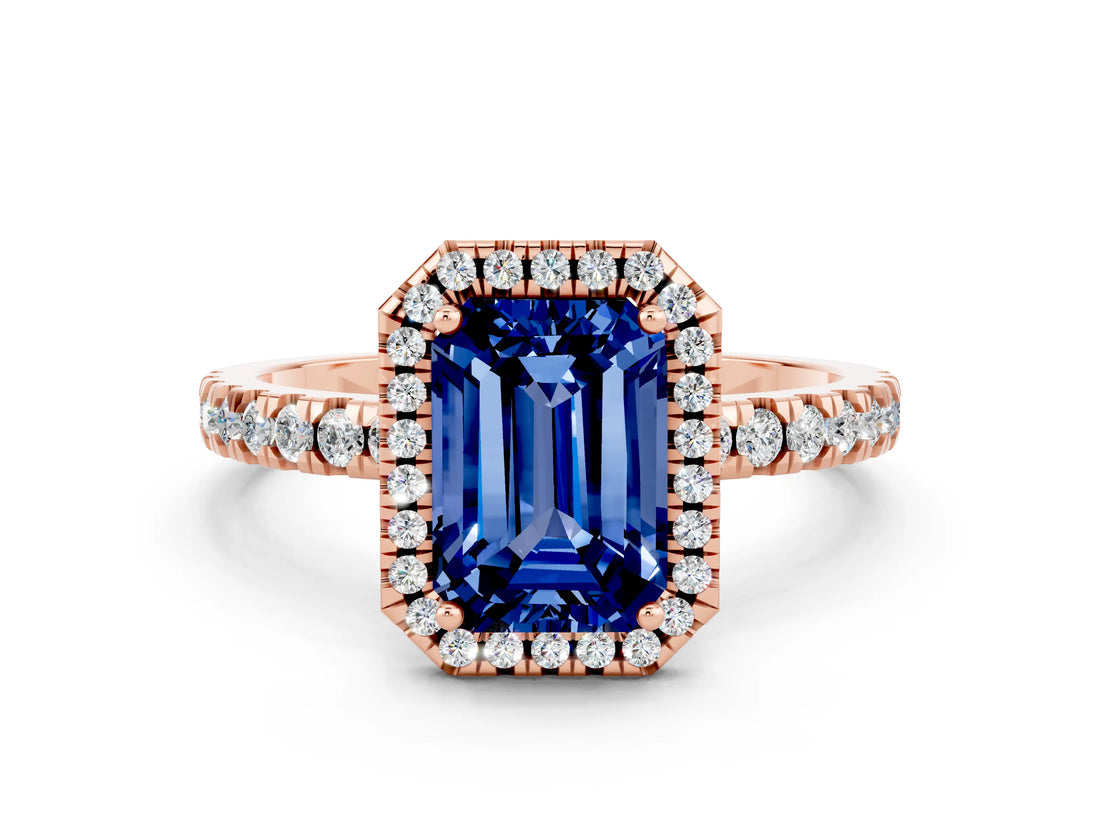 Rose gold Emerald Cut Halo Diamond Pave Band with Prong Setting