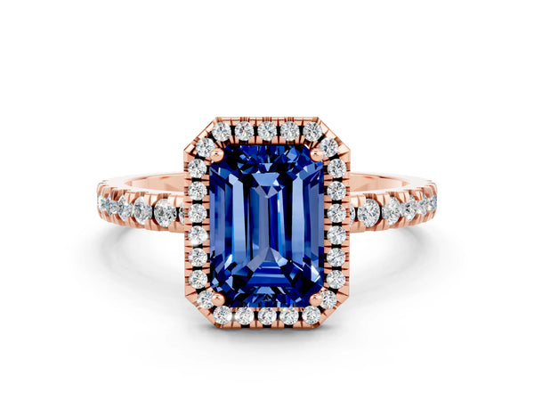 Rose gold Emerald Cut Blue Sapphire Classic Halo Engagement Ring with Round Pavé Band and Prong Setting