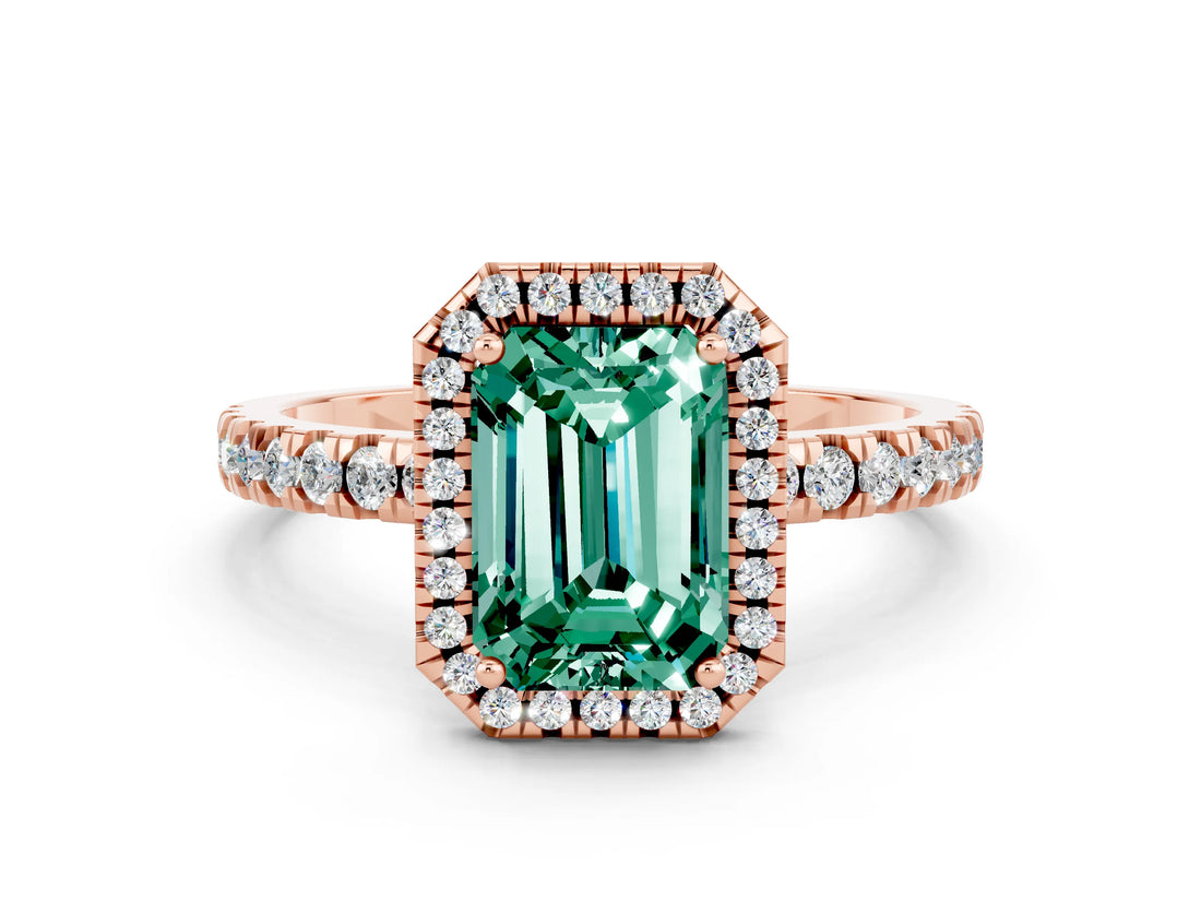 Rose gold Emerald Cut Halo Diamond Pave Band with Prong Setting