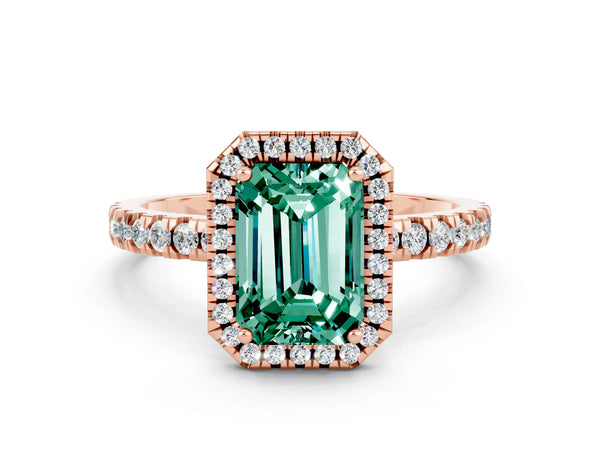 Rose gold Emerald Cut Green Sapphire Classic Halo Engagement Ring with Round Pavé Band and Prong Setting