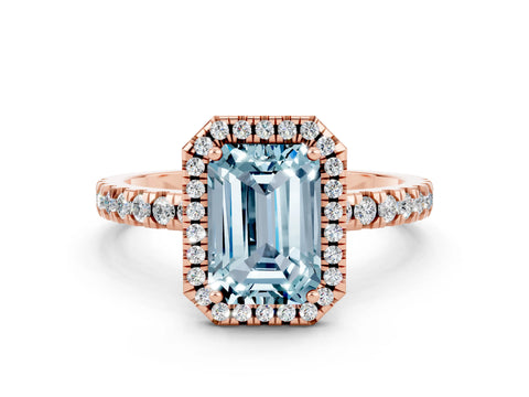 Rose gold Emerald Cut Halo Diamond Pave Band with Prong Setting