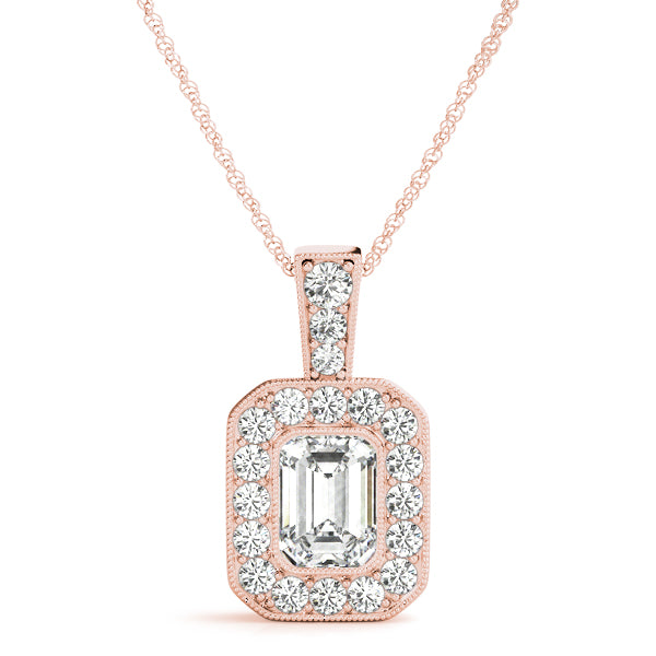 Rose gold Emerald Cut Halo Diamond Pendant with Pavé Setting