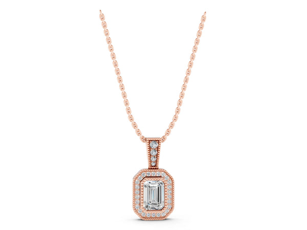 Rose gold Emerald Cut Halo Diamond Pendant with Pavé Setting