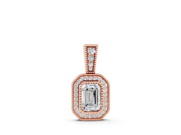 Rose gold Emerald Cut Halo Diamond Pendant with Pavé Setting