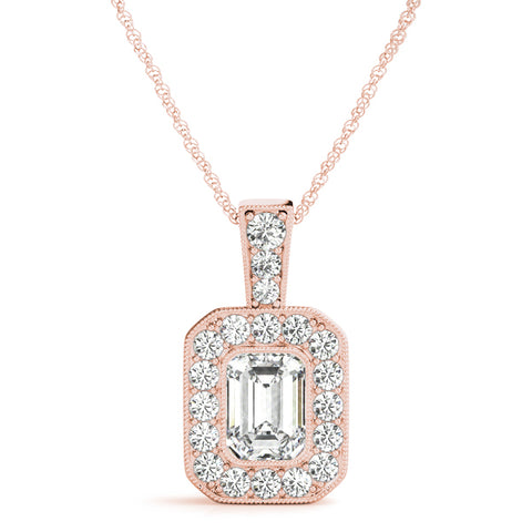 Rose gold Emerald Cut Halo Diamond Pendant with Pavé Setting
