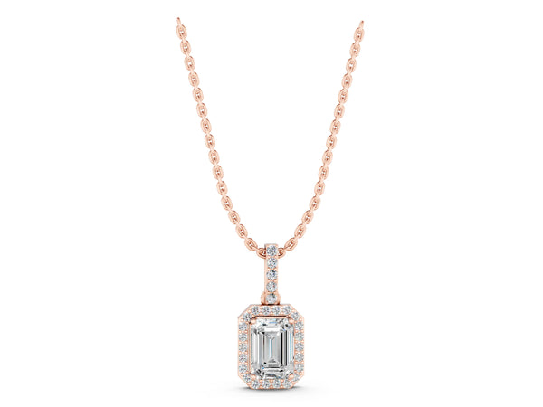 Rose gold Emerald Cut Halo Diamond Pendant with Prong Setting