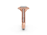 Rose gold Emerald Cut Halo Diamond Ring with Beaded Split Shank and Four-Prong Setting_11