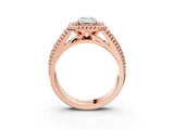 Rose gold Emerald Cut Halo Diamond Ring with Beaded Split Shank and Four-Prong Setting_12