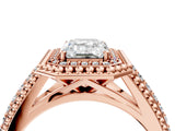 Rose gold Emerald Cut Halo Diamond Ring with Beaded Split Shank and Four-Prong Setting_13