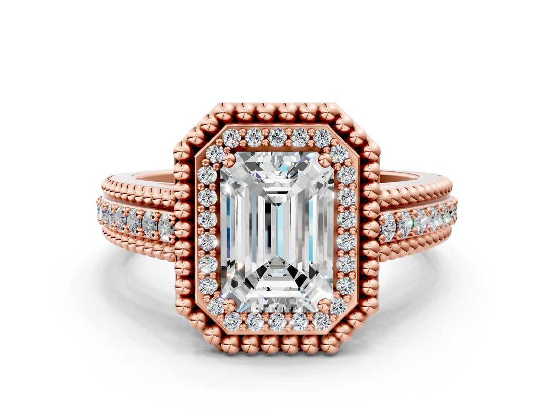 Rose gold Emerald Cut Halo Diamond Ring with Beaded Split Shank and Four-Prong Setting_9