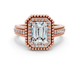Rose gold Emerald Cut Halo Diamond Ring with Beaded Split Shank and Four-Prong Setting_9