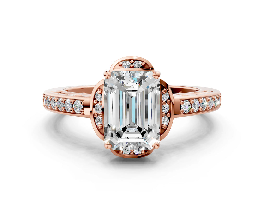 Rose gold Emerald Cut Halo Diamond Ring with Channel Set Band and Four-Prong Setting_32