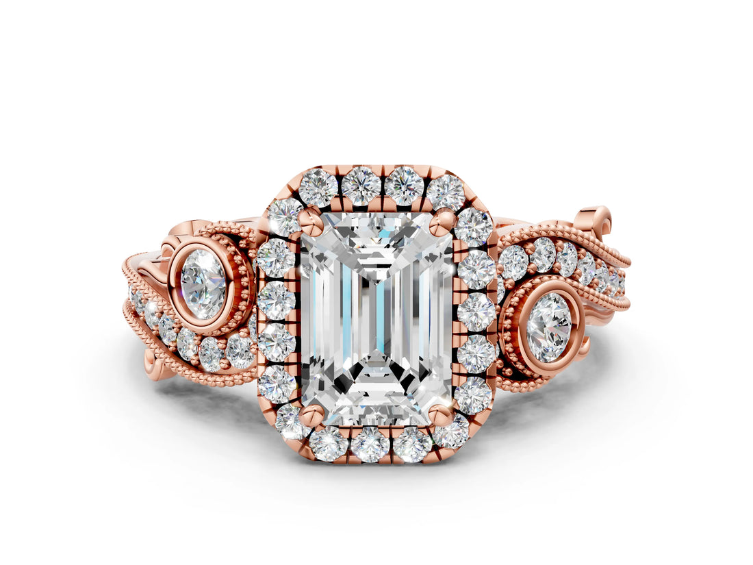 Rose gold Emerald Cut Halo Diamond Ring with Milgrain and Bezel Accents on a Split Shank Band_15
