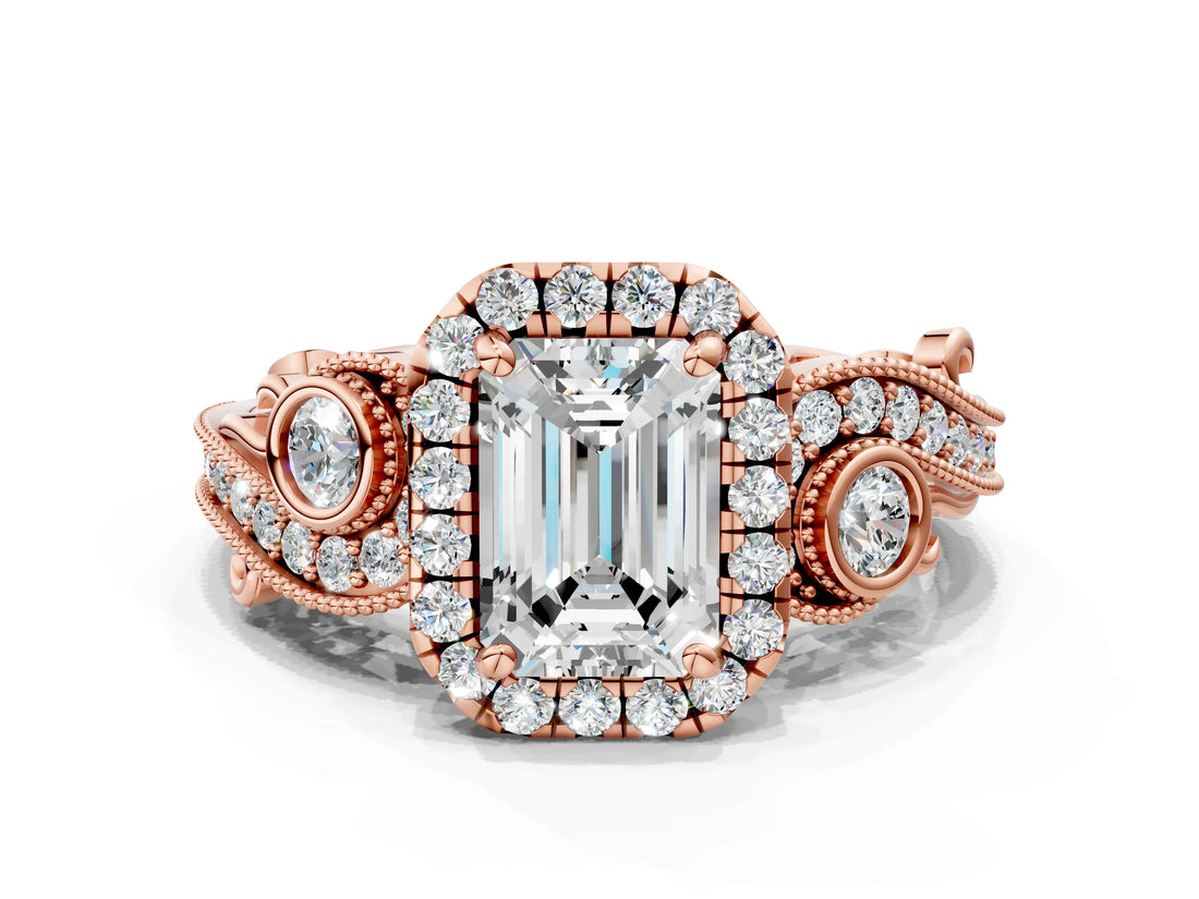Rose gold Emerald Cut Halo Diamond Ring with Milgrain and Bezel Accents on a Split Shank Band_16