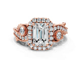 Rose gold Emerald Cut Halo Diamond Ring with Milgrain and Bezel Accents on a Split Shank Band_16