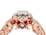 Rose gold Emerald Cut Halo Diamond Ring with Milgrain and Bezel Accents on a Split Shank Band_19