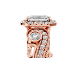 Rose gold Emerald Cut Halo Diamond Ring with Milgrain and Bezel Accents on a Split Shank Band_21