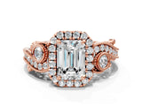 Rose gold Emerald Cut Halo Diamond Ring with Milgrain and Bezel Accents on a Split Shank Band_27