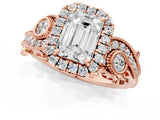 Rose gold Emerald Cut Halo Diamond Ring with Milgrain and Bezel Accents on a Split Shank Band_28