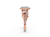 Rose gold Emerald Cut Halo Diamond Ring with Milgrain and Bezel Accents on a Split Shank Band_29