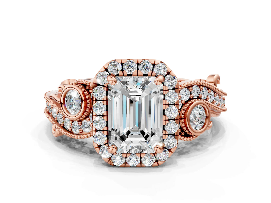 Rose gold Emerald Cut Halo Diamond Ring with Milgrain and Bezel Accents on a Split Shank Band_3