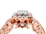 Rose gold Emerald Cut Halo Diamond Ring with Milgrain and Bezel Accents on a Split Shank Band_31
