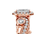 Rose gold Emerald Cut Halo Diamond Ring with Milgrain and Bezel Accents on a Split Shank Band_8