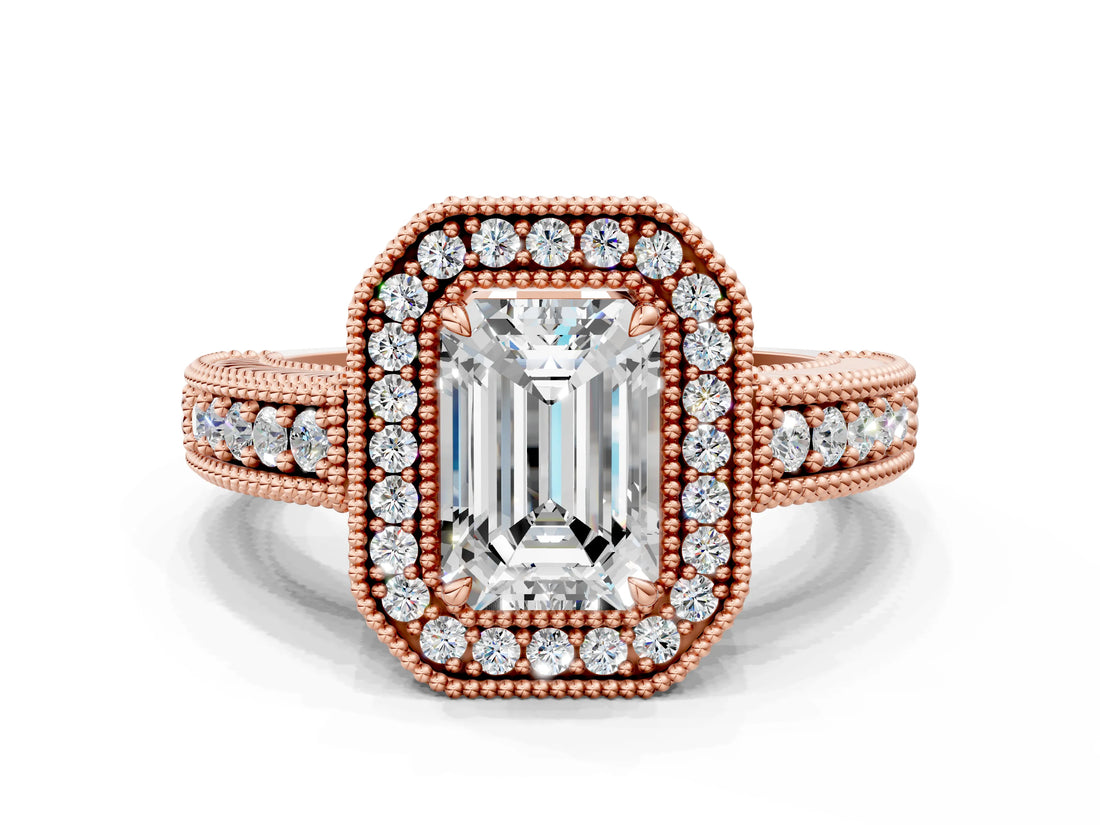Rose gold Emerald Cut Halo Diamond Ring with Pavé Band and Four-Prong Setting_103