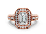 Rose gold Emerald Cut Halo Diamond Ring with Pavé Band and Four-Prong Setting_103