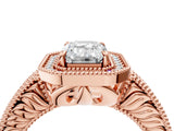 Rose gold Emerald Cut Halo Diamond Ring with Pavé Band and Four-Prong Setting_107