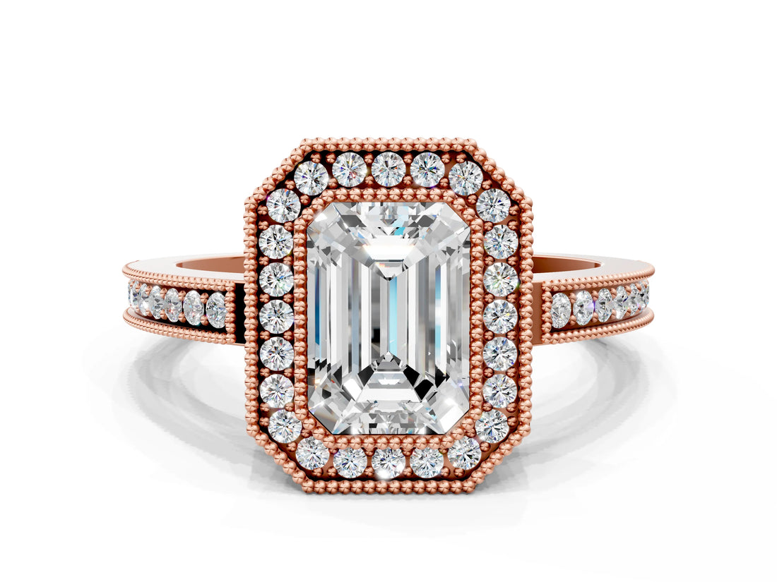 Rose gold Emerald Cut Halo Diamond Ring with Pavé Band and Milgrain Prong Setting_45