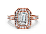 Rose gold Emerald Cut Halo Diamond Ring with Pavé Band and Milgrain Prong Setting_45