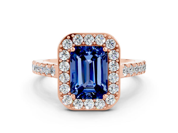 Rose gold Emerald Cut Blue Sapphire Halo Ring with Round Pavé Split Shank and Prong Setting