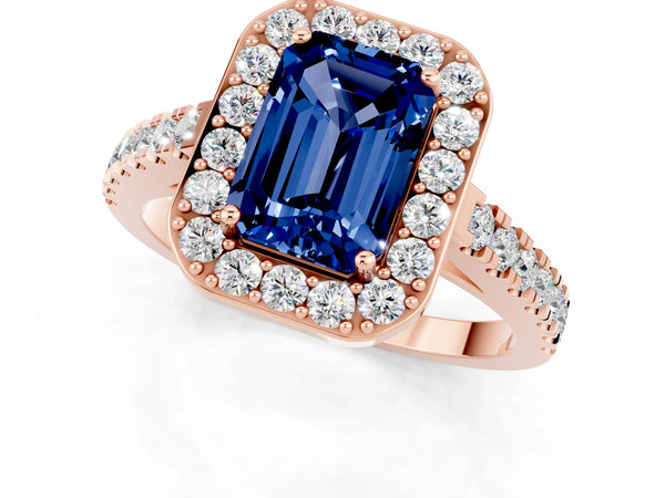 Rose gold Emerald Cut Blue Sapphire Halo Ring with Round Pavé Split Shank and Prong Setting
