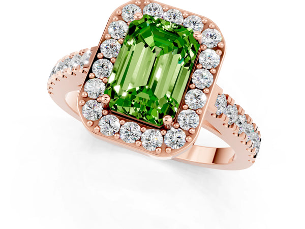 Rose gold Emerald Cut Halo Diamond Ring with Pavé Band and Three-Prong Setting