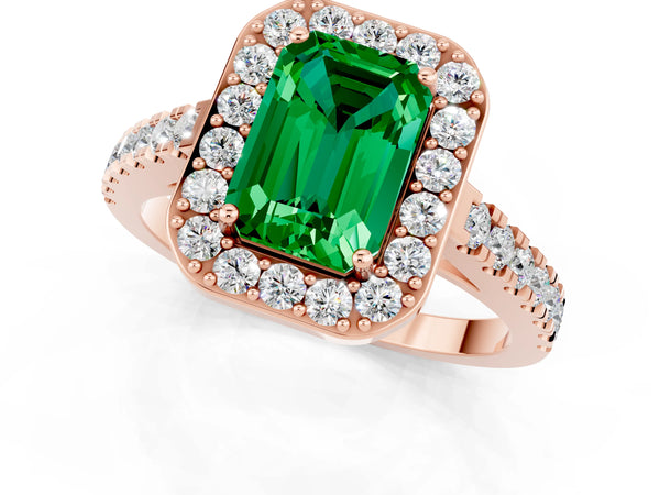 Rose gold Emerald Cut Emerald Halo Ring with Round Pavé Split Shank and Prong Setting