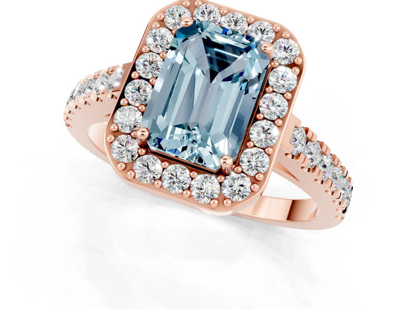 Rose gold Emerald Cut Aquamarine Halo Ring with Round Pavé Split Shank and Prong Setting