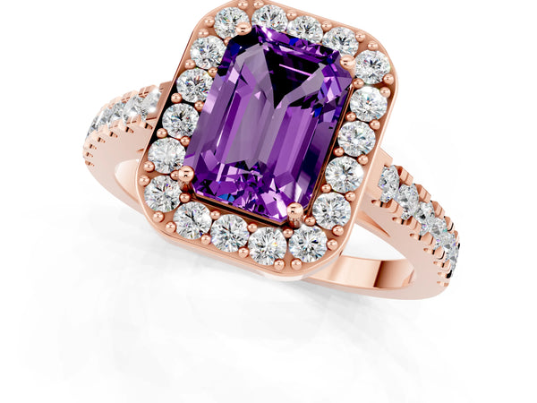 Rose gold Emerald Cut Amethyst Halo Ring with Round Pavé Split Shank and Prong Setting