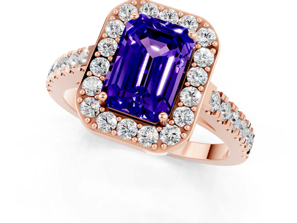 Rose gold Emerald Cut Tanzanite Halo Ring with Round Pavé Split Shank and Prong Setting