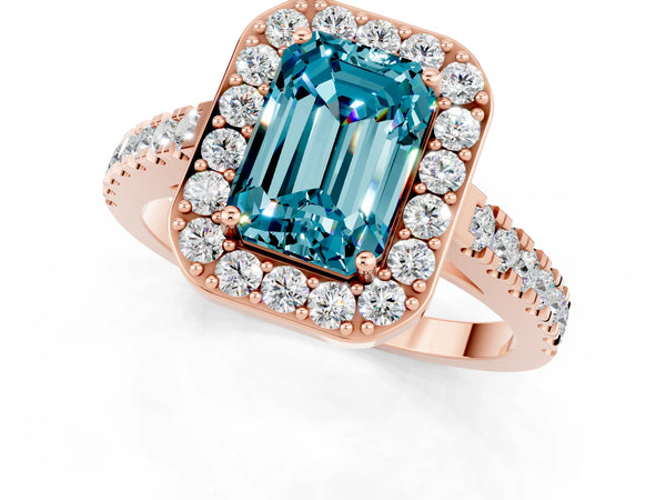 Rose gold Emerald Cut Halo Diamond Ring with Pavé Band and Three-Prong Setting